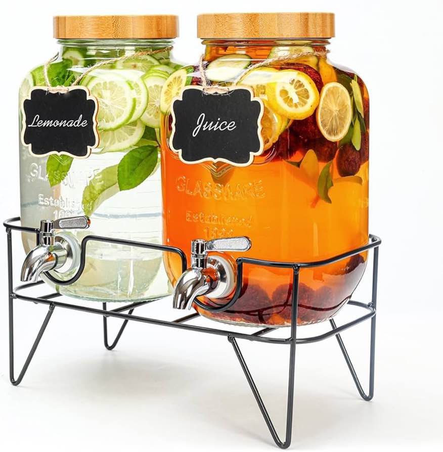 1 Gallon Glass Drink Dispenser with Bamboo Lid, 2 Pack Water Dispenser with Stand, Drink Machine for Lemonade, Iced drinks, Kombucha Dispenser for Parties, Weddings