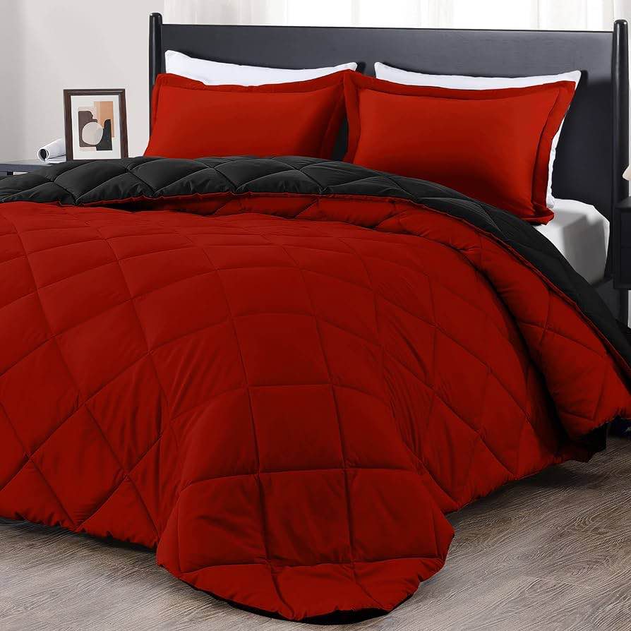 Basic Beyond Queen Comforter Set, Red and Black Comforter Set Queen Size, Reversible Bed Comforter Queen Bed Set for All Seasons, 1 Comforter (88"x92") and 2 Pillow Shams (20"x26"+2")