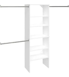 ClosetMaid SuiteSymphony Wood Closet Organizer Starter Kit Tower and 3 Hang Rods, Shelves, Adjustable, Fits Spaces 5 – 10 ft. Wide, Pure White, 25"