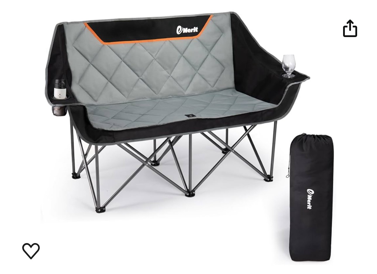EMERIT Oversized Double Duo Camping Chair Folding Camping Loveseat 2 Person Camping Couch Heavy Duty Lawn Chairs for Outside with Padded Seats & Armrests-Support 650LBS