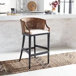 Safavieh Home Collection Brando Tropical Coastal Natural Wash/Black Legs/White Cushion Solid Wood 30-inch Bar Stool (Fully Assembled)