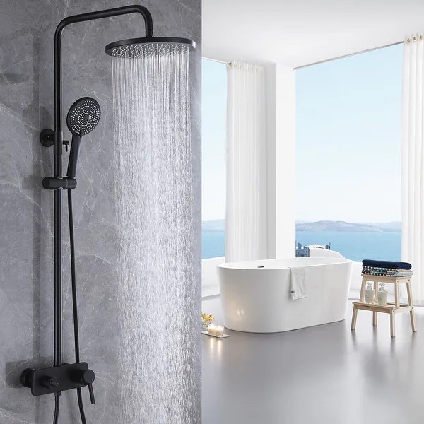 Tub Shower System With Rough-in Valve Exposed Pipes Shower Faucet With Hand Shower Matte Black 9.84 Inch Shower Head Kit Set