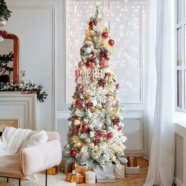 VEIKOUS Pre-Lit Artificial Christmas Tree Pencil Snow with Foldable Iron Stand with LED lights 5.5'