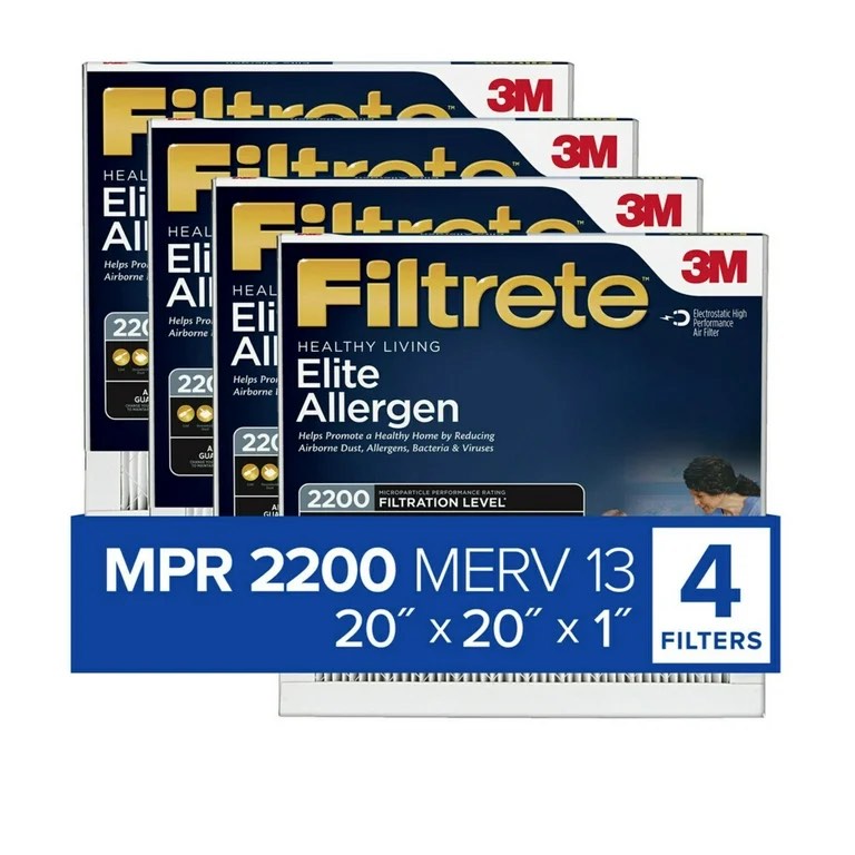 Filtrete 20x20x1 Air Filter, MPR 2200 MERV 13, Elite Allergen Reduction, 4 Filters 