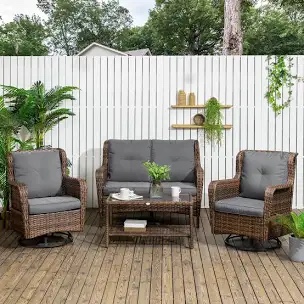 4 Piece PE Wicker Patio Furniture Set, Conversation Set With 2 360° Swivel Rocking Armchairs, 1 Loveseat Sofa