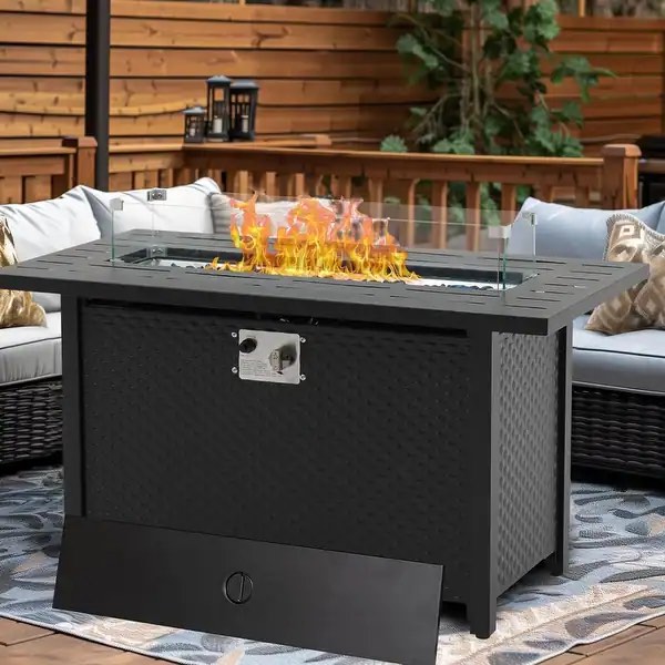 Outdoor 50000 BTU Rectangular 45” Propane Fire Pit Table with Glass Wind Guard for Patio, Deck, Backyard, Black