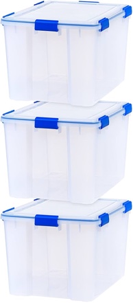 IRIS USA 74 Qt Storage Box with Gasket Seal Lid, 3 Pack - BPA-Free, Made in USA - Heavy Duty Moving Containers with Tight Latch, Weather Proof Tote Bin, WEATHERPRO - Clear/Blue