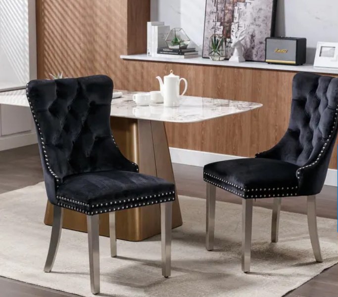 Set of 2 Contemporary High-End Tufted Upholstered Dining Chair with Nailhead WITH BLACK legs 