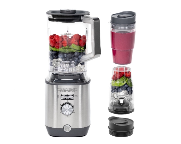 GE 5-Speed Blender + (2) 16 Ounce Blender Cups | Kitchen Essentials Blender for Shakes, Smoothies & More | Large 64 oz Tritan Jar, 8-10 Servings | Stainless Steel Blades & Exterior Finish | 1000 Watts