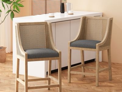 Upholstered Counter Stool with Cane Webbing Backrest In Natural and Charcoal - Set of 2
