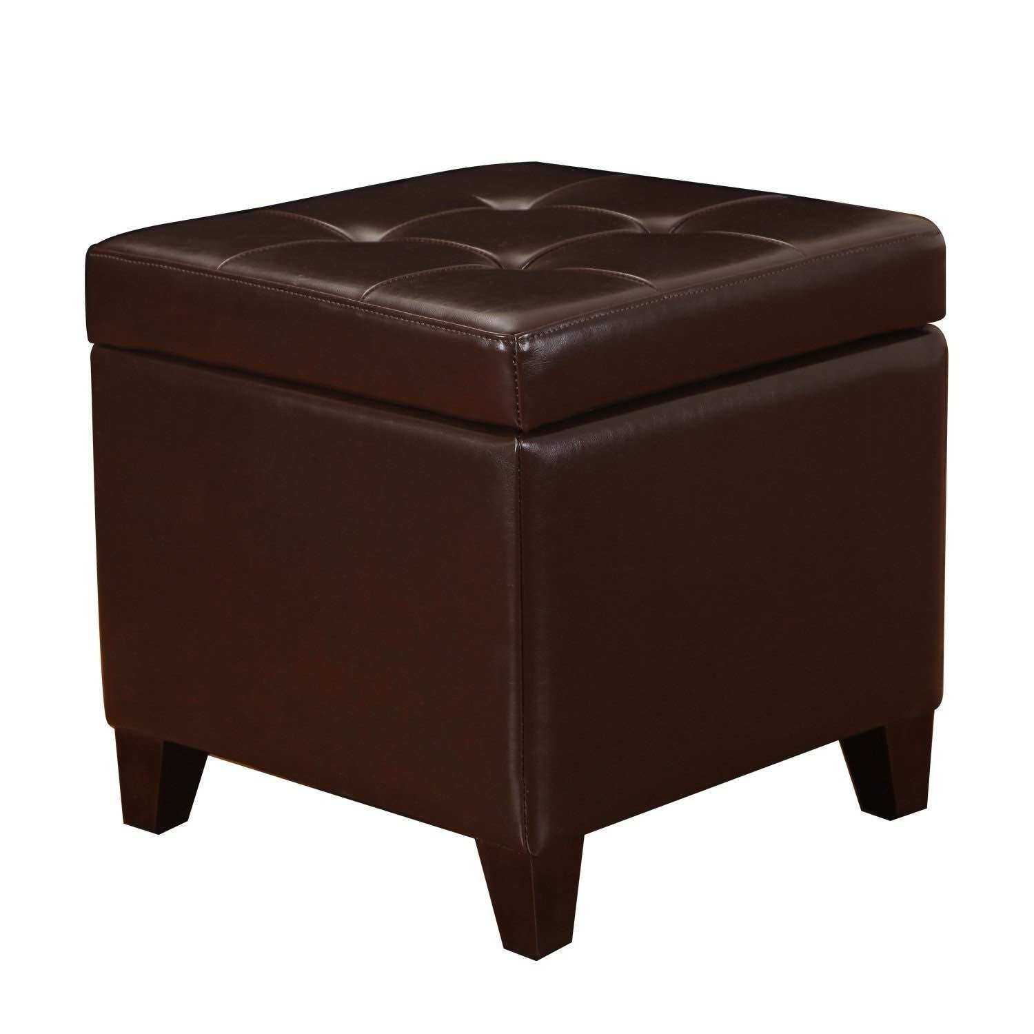 Adeco Brown Bonded Leather Square Tufted Storage Ottoman Footstool 18"