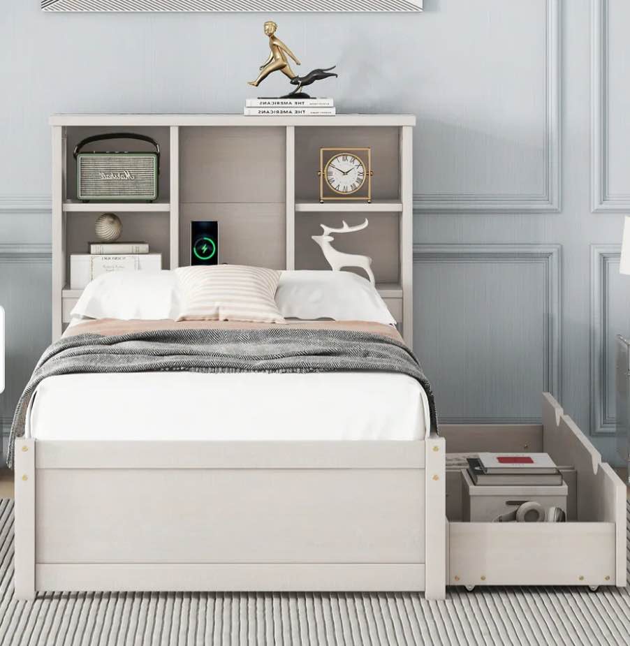 Modern Twin Size Bed Frame With Built-in USB Port - White Washed