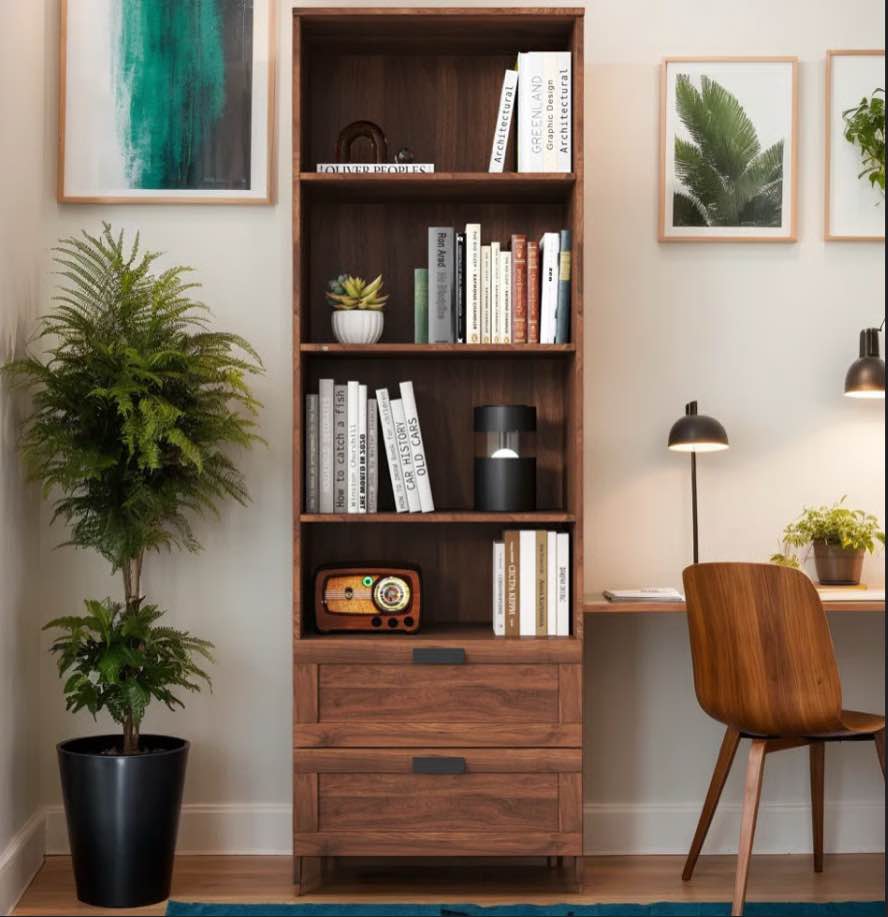 70.87" Tall Vintage Bookshelf With 2 Drawers And 4 Shelves For Home Office, Walnut