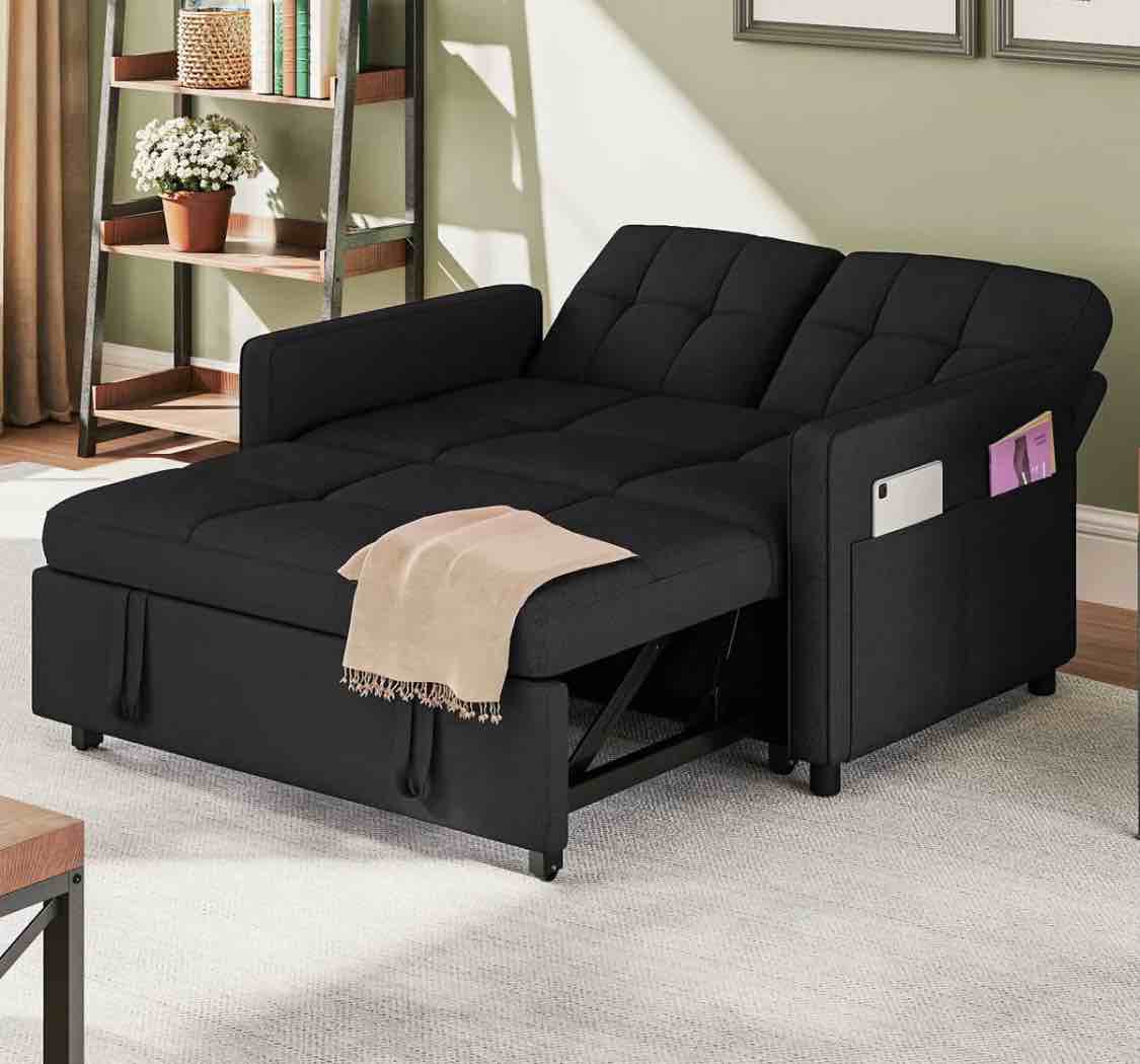55" W Tufted Convertible Sofa Bed With Reclining Backrest & Side Pocket
