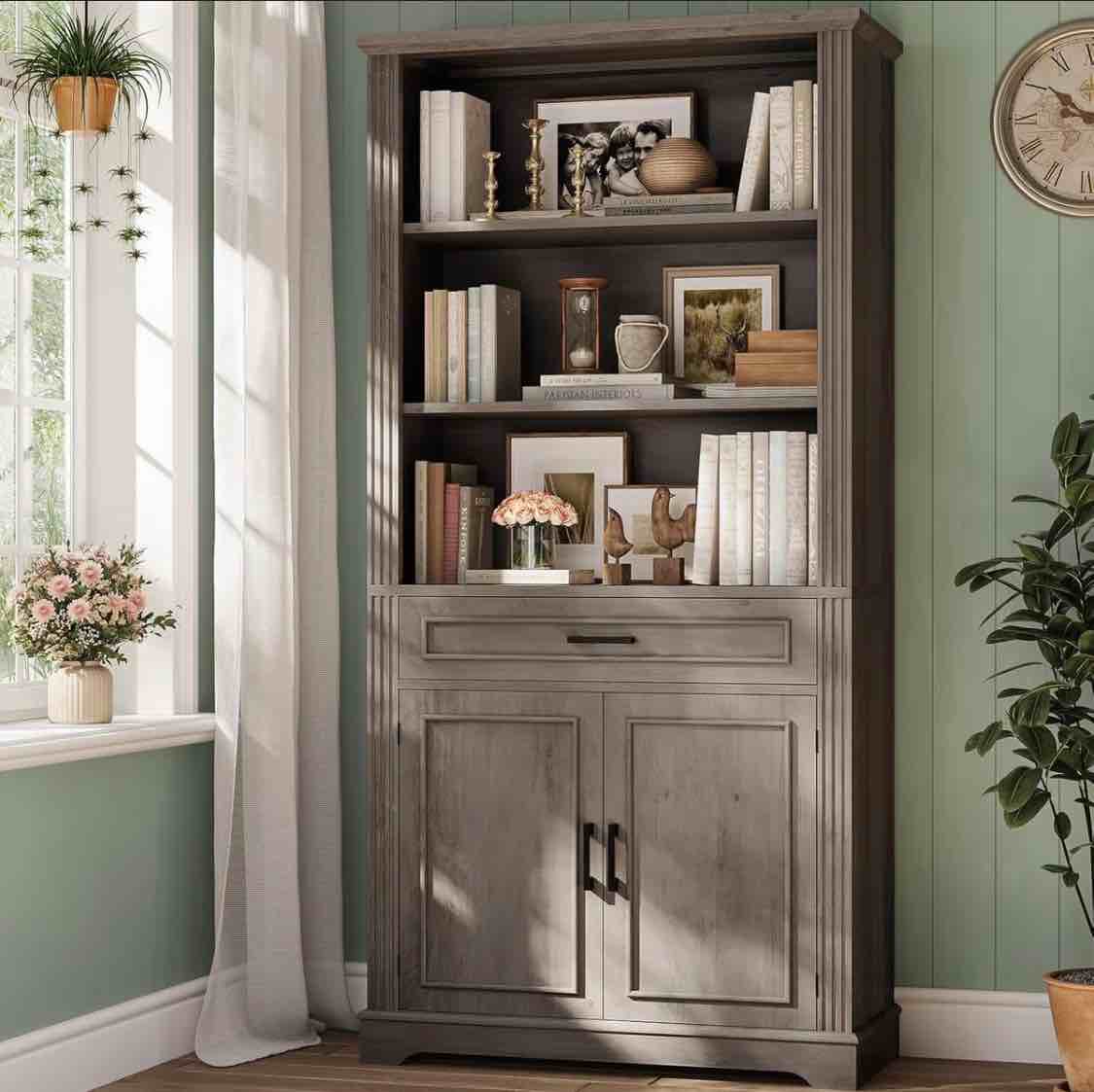 70 In Tall Bookshelf Farmhouse Bookcases With Doors And Drawer 6 Shelf Display Storage ( incomplete box 2 only)