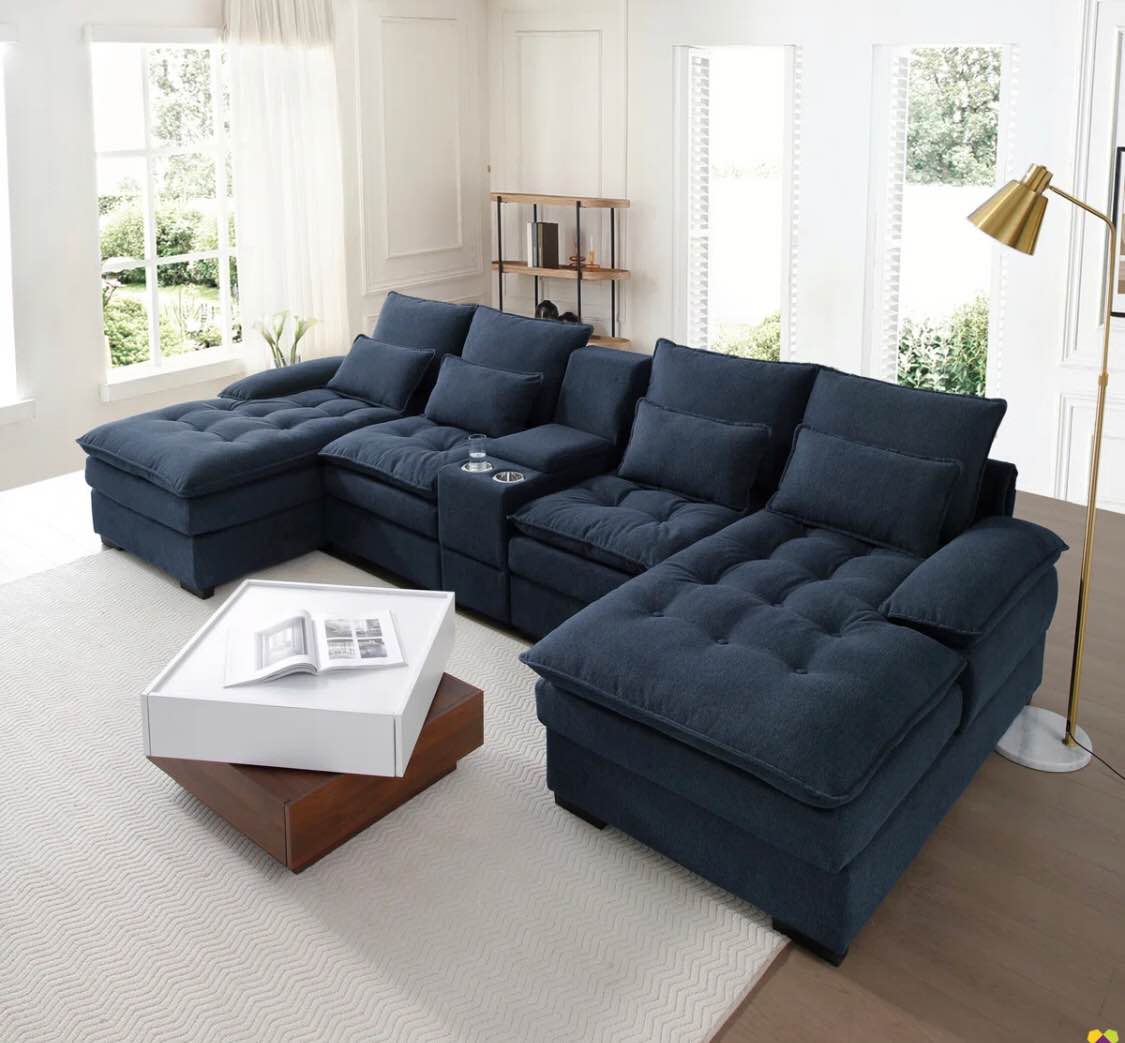 Rayners 130"W 4 Piece U-shape Sectional with Console & Cup Holders Row-3