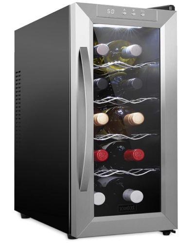 Schmécké 10 Bottle Thermoelectric Wine Cooler/Chiller - Stainless Steel - Counter Top Red & White Wine Cellar w/Digital Temperature, Freestanding Refrigerator Smoked Glass Door Quiet Operation Fridge
