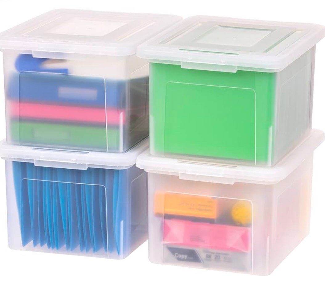 IRIS USA Plastic File Box Organizer with Secure Durable Latching Lid and File Rails, Letter & Legal Size, Nestable and Stackable, 4 Pack, Clear