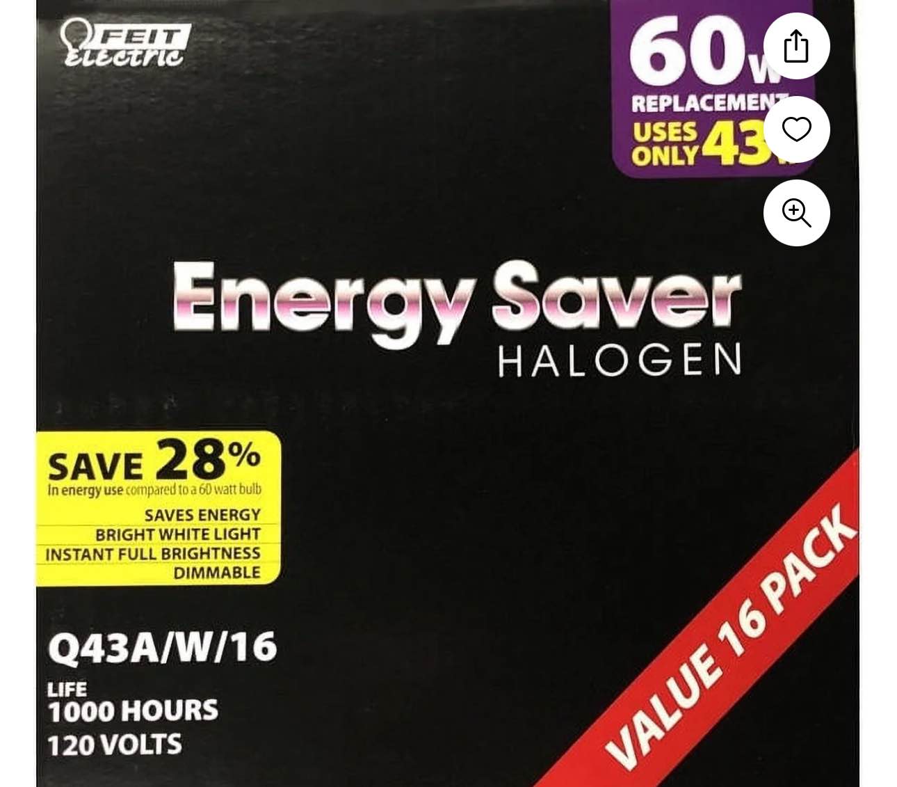 Feit Electric Halogen 43W (60W Equivalent) Bright White Light Bulbs, Mercury Free (6 pack)