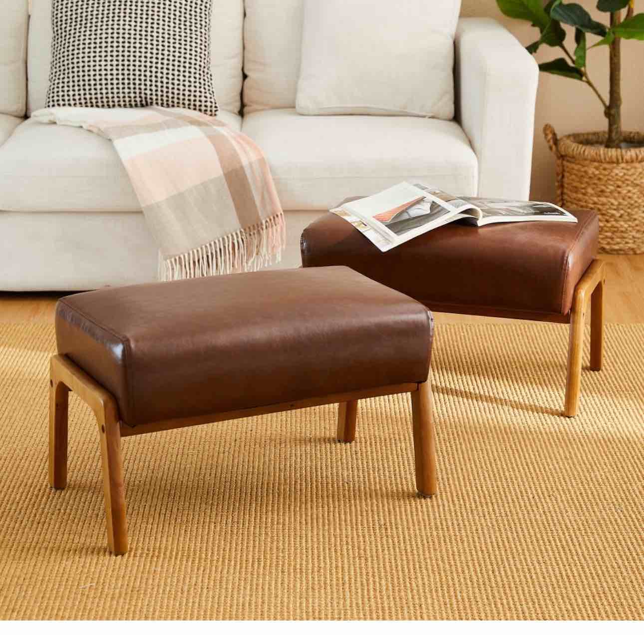 Glitzhome Set of 2 Mid-century Leatherette Ottoman Accent Stools