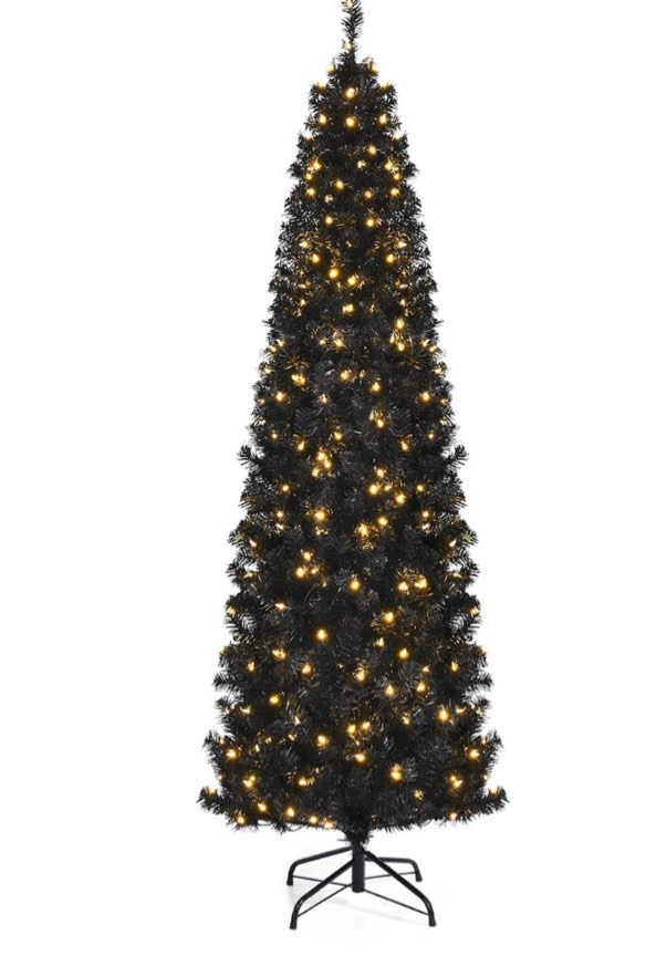Gymax 6/7 FT Pre-lit Black Christmas Tree Artificial PVC Slim Pencil - See details
