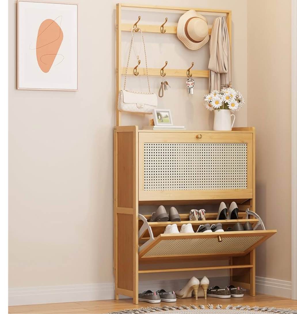 Bamboo Shoe Cabinet with Hanging Rack, 2 Breathable Flip Drawers, Shoe Storage Cabinet, Shoe Rack Shoe Organizer for Entryway, Rattan Home Style, 60" H x 28" W x 10" D, Light Wood2