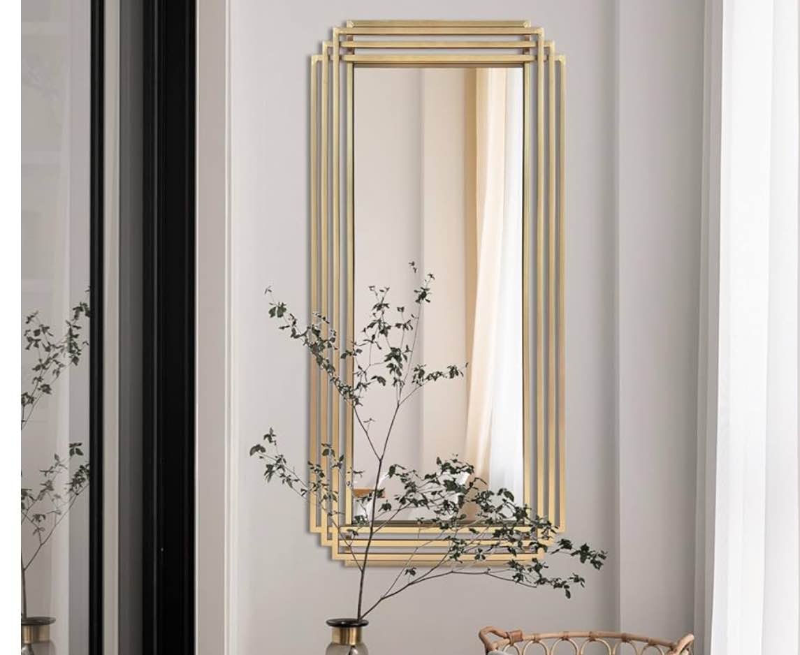 Large Gold Bathroom Mirror for Wall, 47"x22" Rectangle Sophisticated Beveled Mirrors, Modern Art Elegant Decorative Mirror for Master Bath Half Bath Living Room Bedroom Entryway Hallway