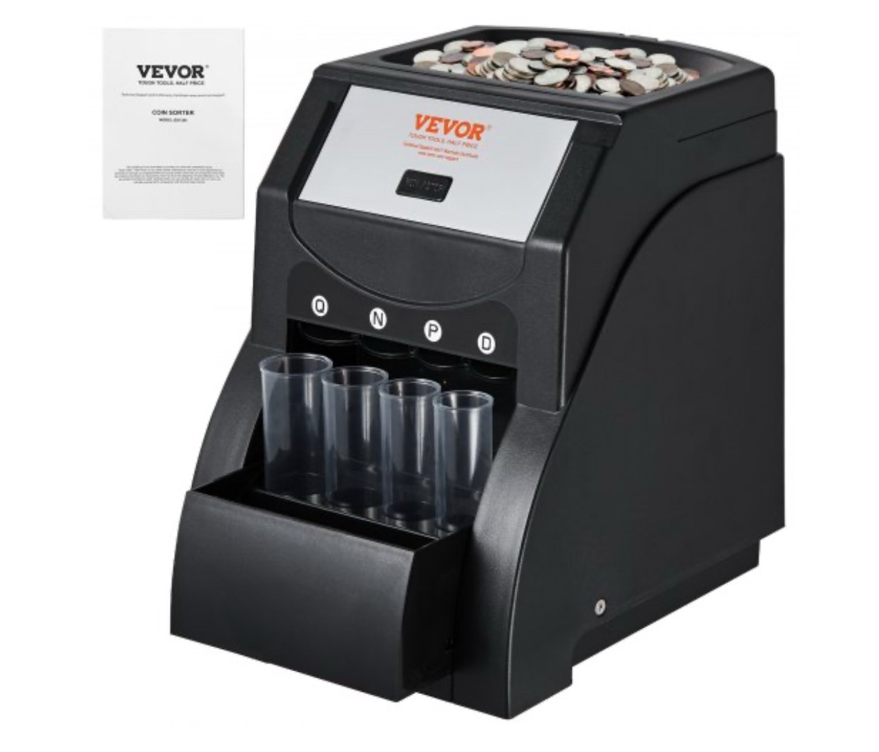 VEVOR USD Coin Sorter, Coin Sorter Machine for USD Coin 1? 5? 10? 25?, Sorts up to 230 Coins/min, Coin Sorter and Wrapper Machine Holds 200 Coins Included 4 Coin Tubes, Black