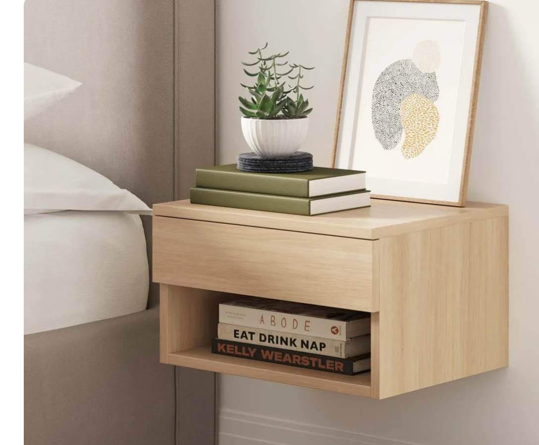Jackson Light Wood Modern Floating Bedroom Nightstand with Storage Drawer and Open Shelf Cubby