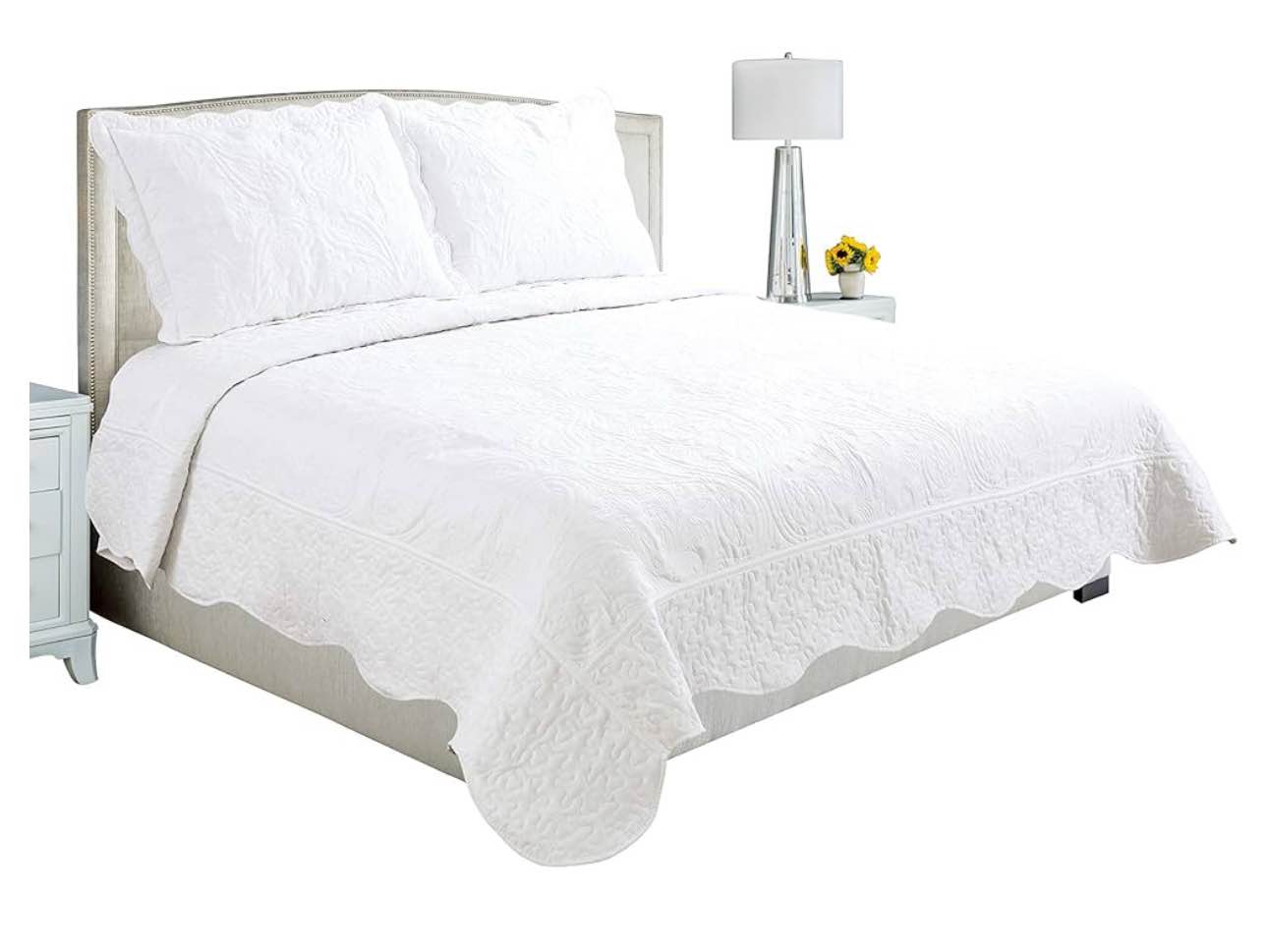 Marina Decoration Embroidered Stitching Coverlet Bedspread Ultra Soft Solid 3 Piece Summer Quilt Set with 2 Quilted Shams, White Floral Paisley Pattern King Size