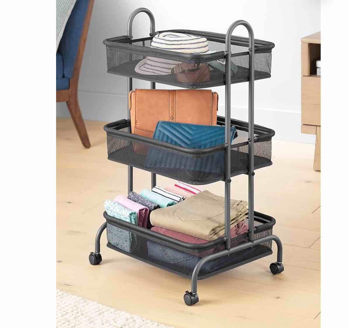 Whitmor Storage Cart Metal 3 Tier Rolling Cart with Wheels, Utility Cart for Bathroom, Bedroom, Bitchen, Laundry Room, Black