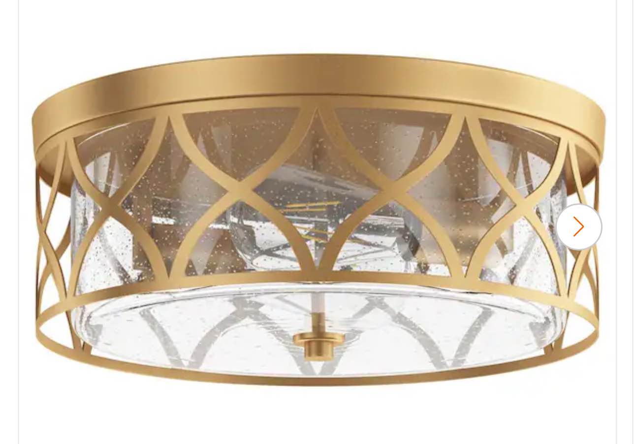 Industrial 13.77 in. 2-Light Gold Farmhouse Flush Mount Ceiling Light with Seeded Glass Shade