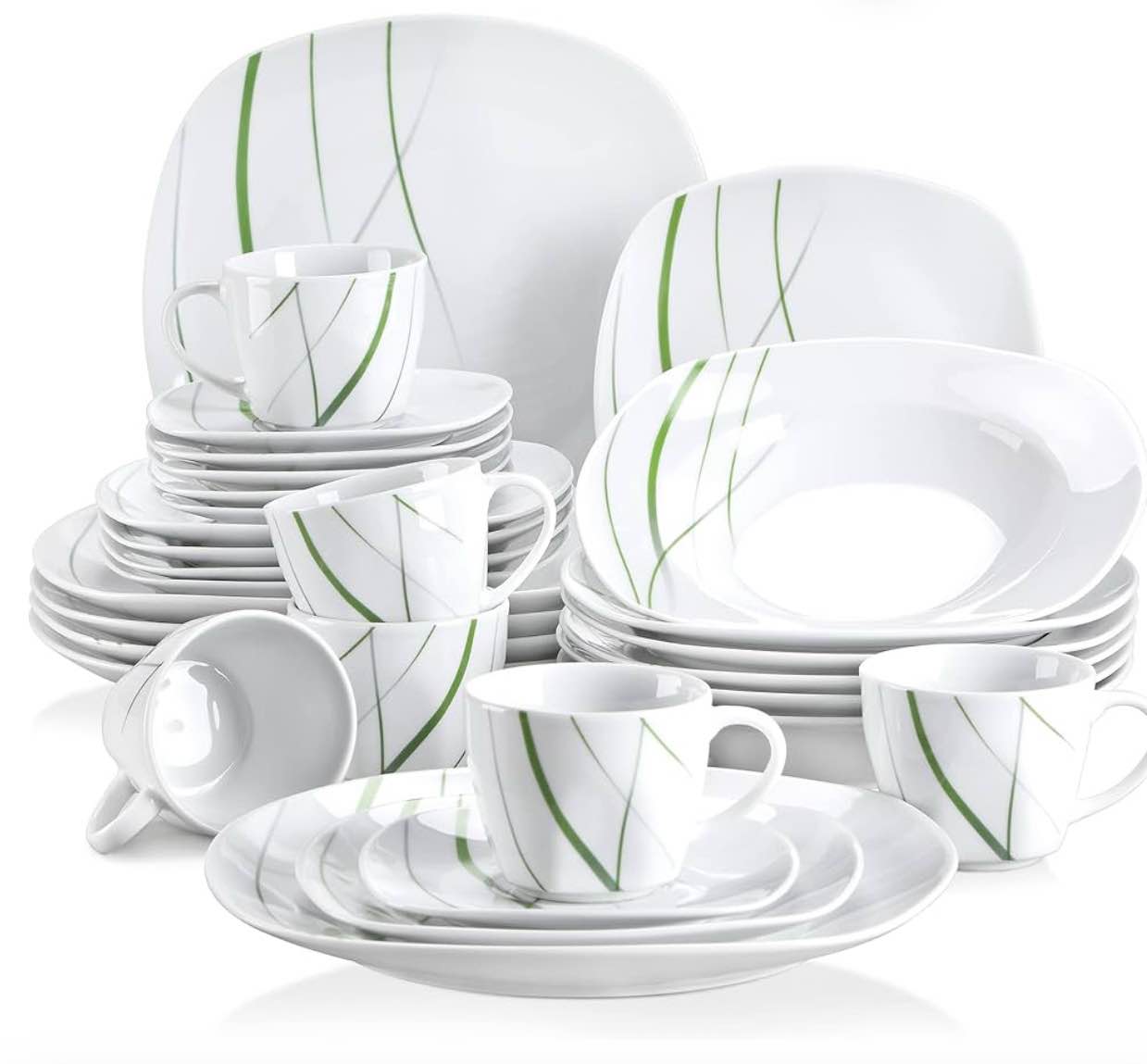 VEWEET, Series AVIVA, 28-Piece Ivory White Ceramic Dinnerware Set with Green Stripe Patterns, including Dinner Plates, Dessert Plates, Soup Plates, Cups and Saucers, Service for 6