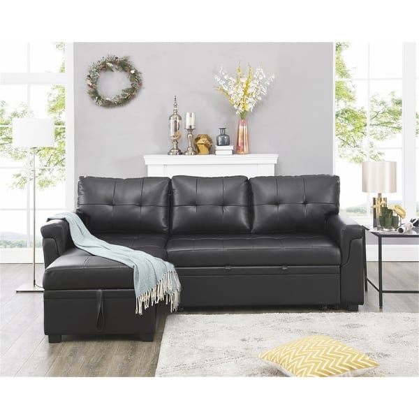 Perry Modern Reversible Sectional Sofa with Storage Chaise, Pullout Sleeper Sofa Couch Bed for Living Room - Black,Air Leather