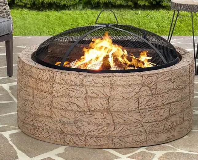 Sunjoy 26 in. Stone Fire Pit, Patio Outdoor Round Wood Burning Fire Pits for Outside with Spark Screen and Poker, Khaki