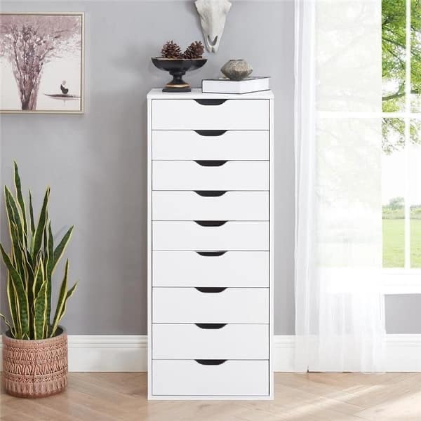 Bianca 9 Drawer Chest  Wood Storage Dresser Cabinet with Wheels  Large Craft Storage Organizer Makeup Drawer Unit for Closet  Bedroom  Office File Cabinet 200 lbs Total Capacity - White