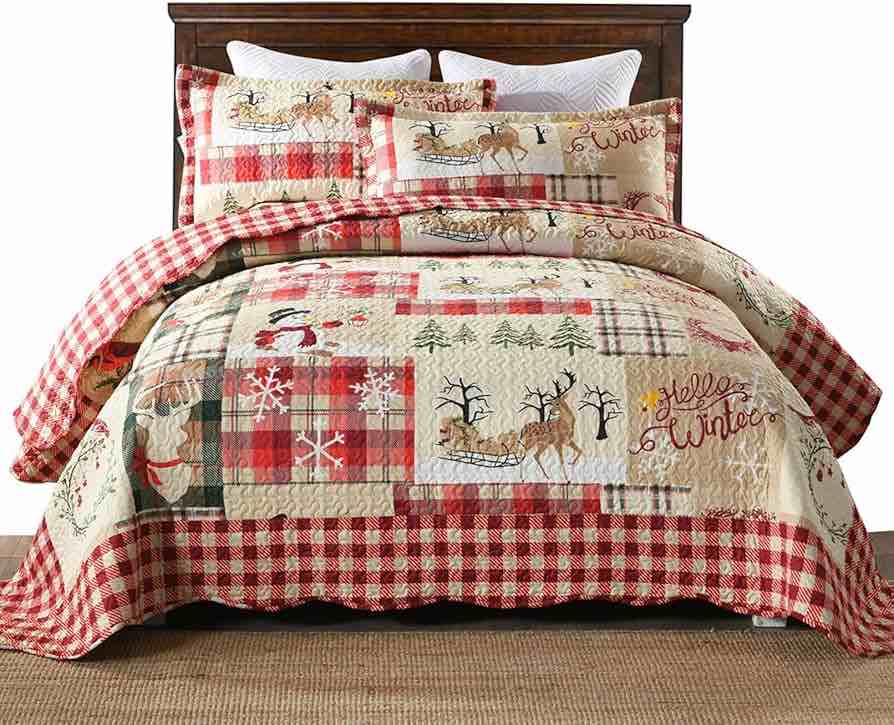 MarCielo 3 Piece Christmas Quilt Set, Rustic Lodge Deer Quilt Bedspread Throw Blanket Lightweight Bedspread Coverlet Comforter Set (Hello Winter, King)