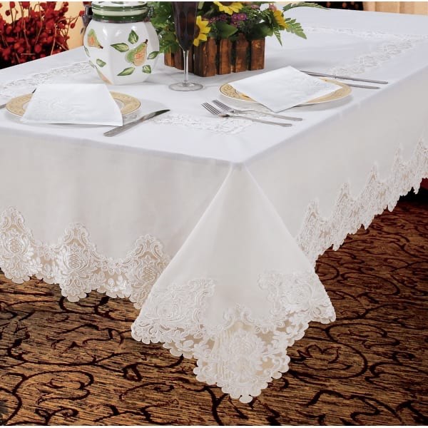 Violet Linen Imperial Embroidered Vintage Lace Pattern Tablecloth - 60" by 90" - White