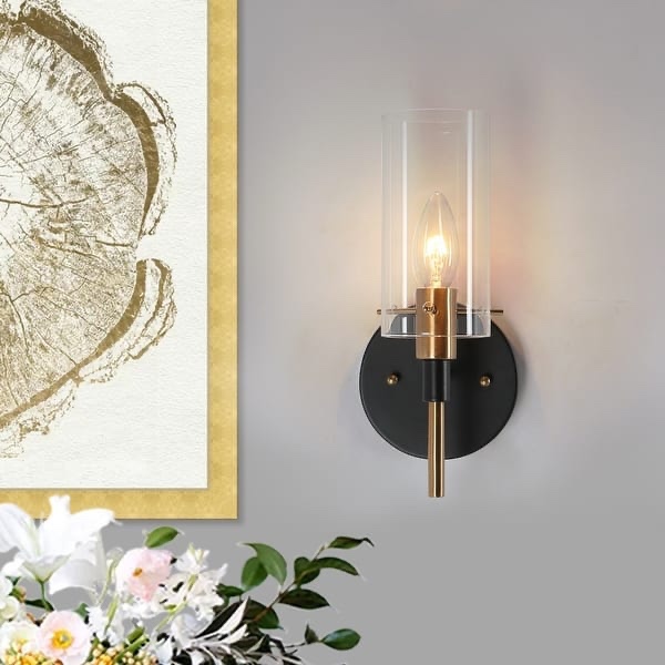 1-Light Modern Black Gold Wall Sconce Light with Glass Shade - 4.7" L x 5" W x 11" H - Black and Brass