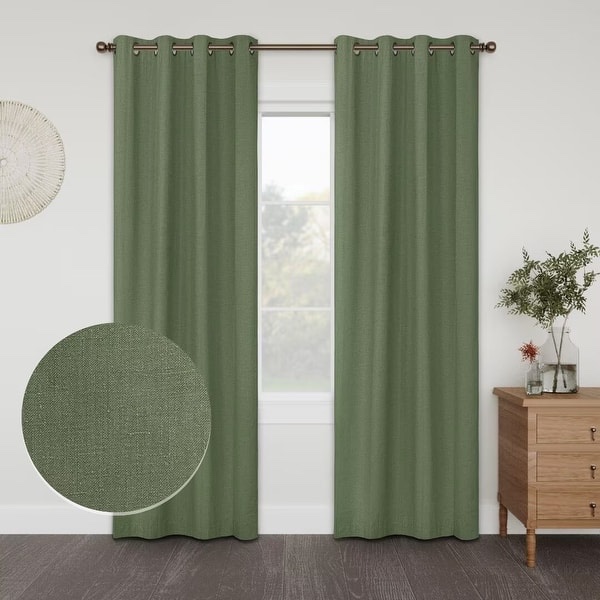 Linen Slub Blackout Grommet Curtain Pair(2 Panels) - 52"Wx84"L - Olive Green