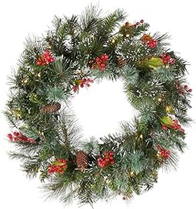 National Tree Company Pre-Lit Artificial Christmas Wreath, Green, Frosted Berry, White Lights, Decorated with Pine Cones, Berry Clusters, Frosted Branches, Christmas Collection, 24 Inches