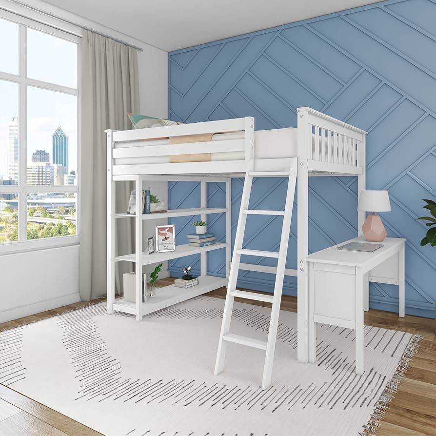 Max & Lily Full Size High Loft Bed with Desk and Bookcase, Clay, Solid Wood Modern Bed Frame for Kids/Teens, Pine, Non-Toxic Finish, 400 lb. Weight Capacity, Easy Assembly white 