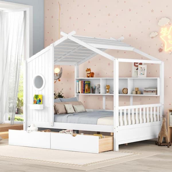 White Wood Full Size House Bed with 2 Under-bed Drawers, Storage Shelves and Shelf Compartment