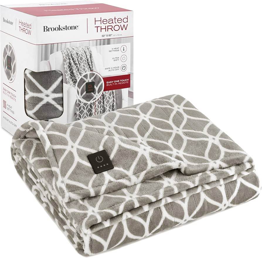 Brookstone Heated Plush Throw Heated Blanket Throw - Heated Throw Blanket Electric - Heated Blankets - 4 Heat Settings, 4-Hour Auto Shut Off, 100% Polyester, 50"x60" - Taupe Trellis