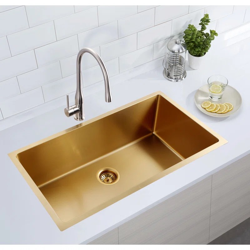 32"L x 19"W x 10"D Gold Drop-in / Undermount Single Bowl Kitchen Sink Stainless Steel (Part number: KDK-3219ST-G)