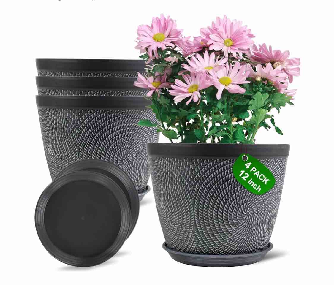 Quarut Large 12 Inch Plant Pot for Plants Outdoor Indoor, 4 Pack Plastic Flower Pots with Drainage Hole & Saucer, Modern Decorative Garden Pot with Saucer, Plant Container for House Gray
