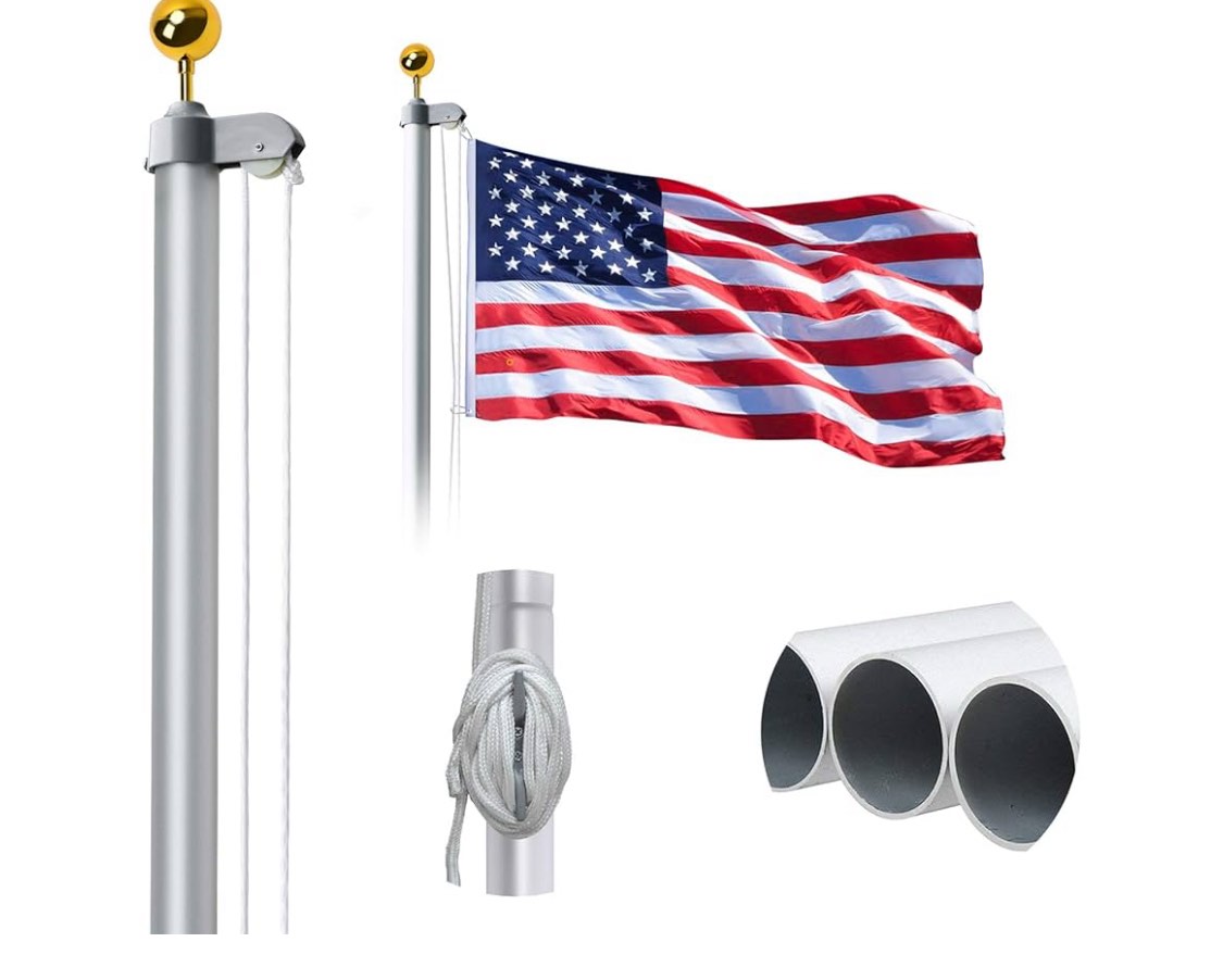 20FT Sectional Flag Pole Kit, Extra Thick Heavy Duty Aluminum Outdoor In ground Flagpole with Golden Ball and Free 3x5 Polyester American Flag, for Residential or Commercial, Silver