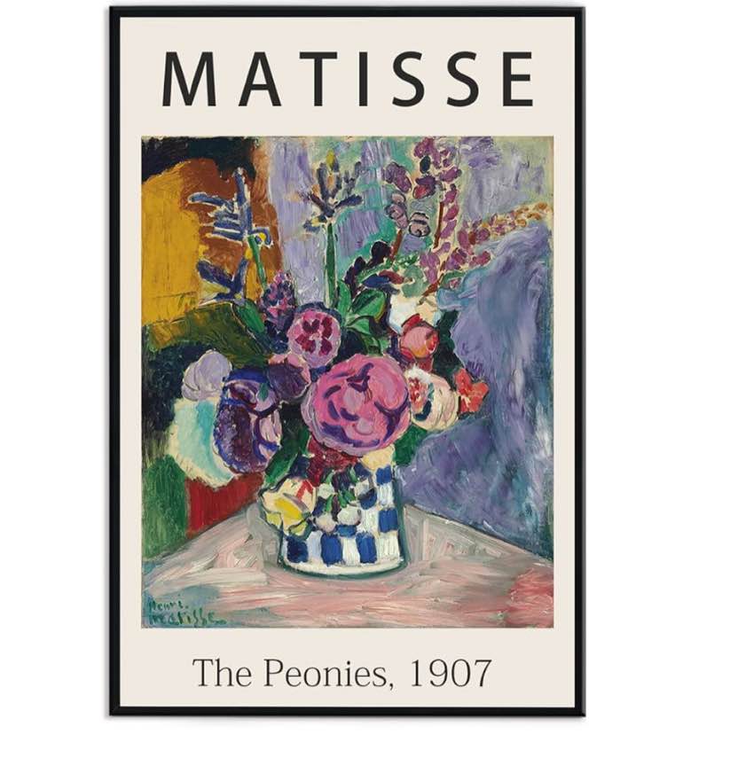 Matisse Wall Art Framed Canvas Print The Peonies,1907 Famous Paintings,Matisse Colorful Peony Flower Illustration Canvas Print Artwork for Living Room, Bed Room, Office-12x16in Black Framed