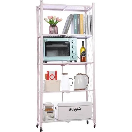 Foldable Collapsible Shelf with Wheels & Breaks - Folding Shelf Heavy Duty Metal Frame Pantry Shelving Unit - Origami Bookcase - No Assembly Bookshelf (White, 5 Tier)