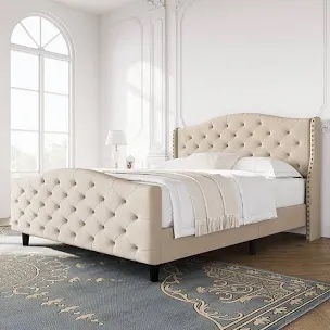 King Bed Frame with Headboard and Footboard, Tufted Upholstered Platform King Size Bed Frame - Beige - King